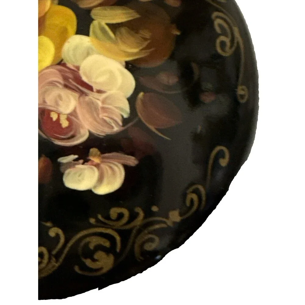 Vintage Russian Black Lacquer Floral Brooch Papier-mache Hand Painted Pin Signed